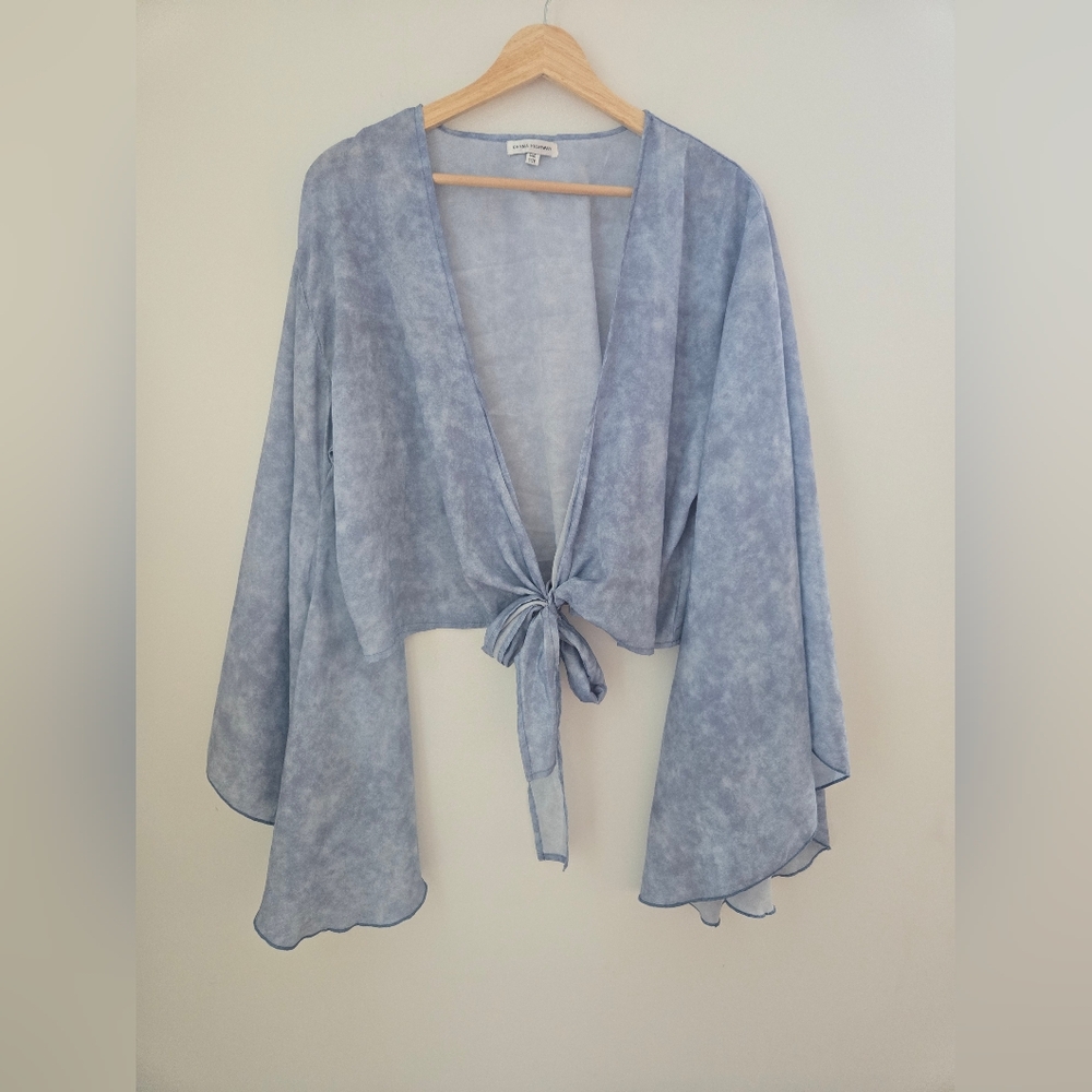 Karma Highway Tie Front Bell Sleeve Top, Blue Cloud Wash, One Size